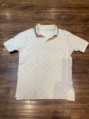 Gucci Cream Polo with Embossed GG and Red-Green Trim